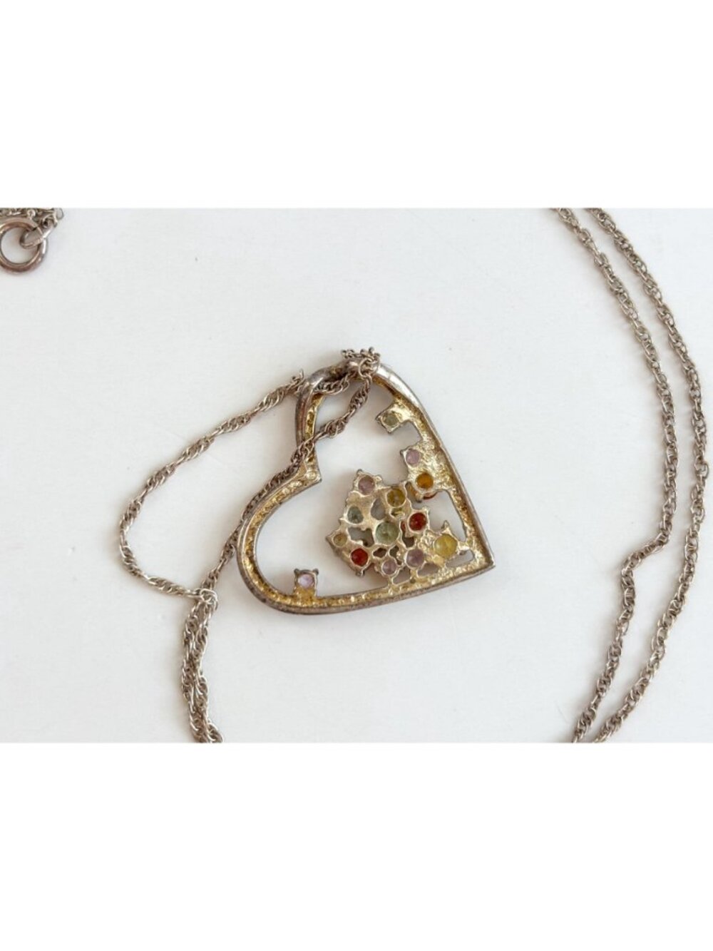 Rainbow Gemstone Heart Shaped Sterling Silver 925 Vintage Pendant Necklace - 18" - Picture 8 of 16